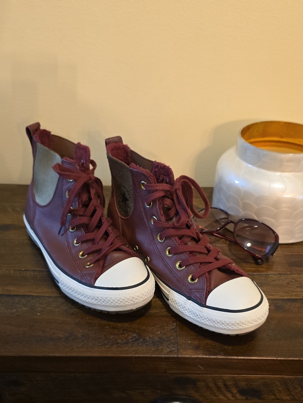Women's Converse Leather High-Top Lace-Up Sneakers in Burgundy